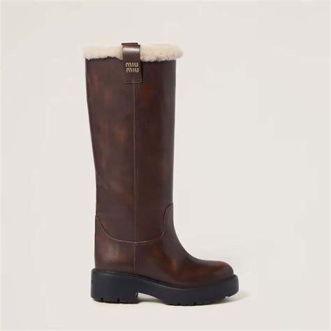 Miu Miu Women's Fumé Leather Boots in Brown .